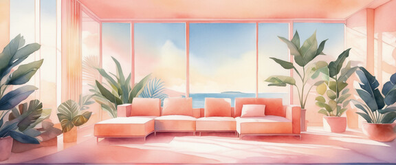 A pastel toned space filled with large foliage plants. The sea visible outside the window. Cozy and modern living room interior. Interior painting in watercolor style.
