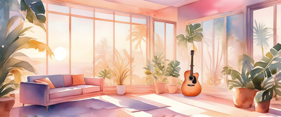 Sunlight coming through the large window. A cozy interior decorated with various foliage plants. A living room with a sofa and acoustic guitar. Watercolor style interior illustration.