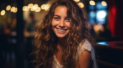 Happy girl sitting in a cafe with blurred background, perfect for adding text or captions