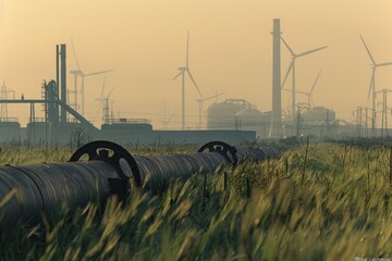 Industrial pipelines in a field with wind turbines and factories in the background.