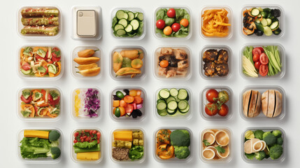 Obraz premium Fruits and vegetables in healthy food boxes Illustration for healthy food design.