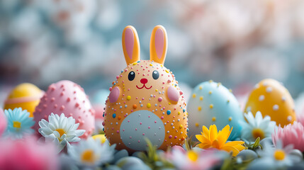 creative Easter egg with bunny ears with flowers on blurred background. Easter card, Easter background