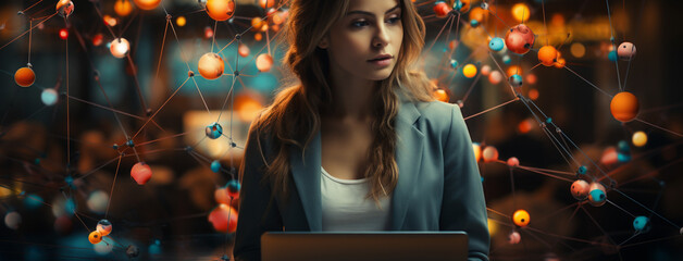 Wide illustration drawing of cute pretty business presenter woman looking at the camera holding a laptop computer on her hand in a colorful lines and dots digital futuristic technological background  - obrazy, fototapety, plakaty