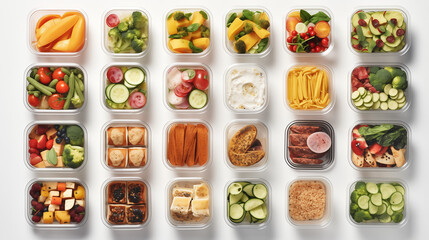 Obraz premium Fruits and vegetables in healthy food boxes Illustration for healthy food design.
