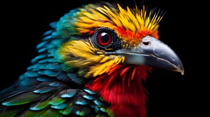 Obraz premium blue and yellow macaw, Colorful Crested Bird Portrait, A Mesmerizing Encounter The Enchanting Tucan with Vibrant Plumage in the Lush Embrace of the Tropical Forest Generative AI