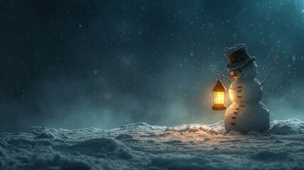 Whimsical winter wonderland with a snowman holding a lantern in the snowfall