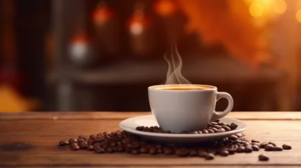 Deurstickers Cup of Coffee and Beans: Aromatic Morning Drink © Akharadat