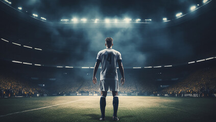 Soccer player standing on stadium entrance. Back of a football player is walking to the football pitch. Soccer concept, World cup.