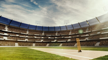 Bottom view of cricket open air stadium with fan zine tribune under blue sky. 3D render. Event poster for cricket tournament. Concept of professional sport, competition, championship, game © master1305