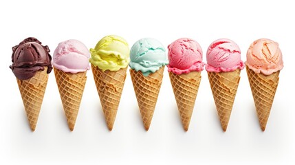 Refreshing ice cream in waffle cones on a white background