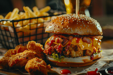 A mouthwatering cheeseburger with bacon and fries in a sultry ambiance.