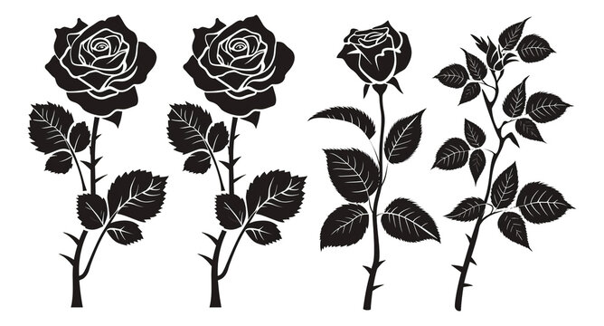 Black silhouettes of roses and leaves in the style