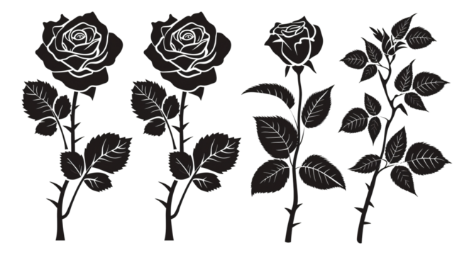 Black silhouettes of roses and leaves in the style