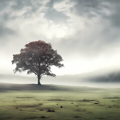A solitary tree in a misty meadow. 
