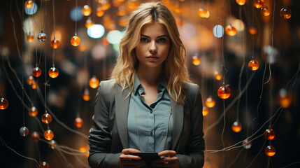 Wide photo of cute pretty business presenter woman looking at the camera holding a tab computer on her hand in a colorful lines and dots digital futuristic technological background 