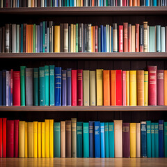 A stack of colorful books on a library shelf. 