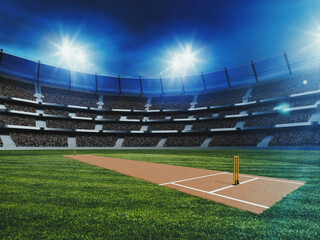 Cricket open air stadium with fan zine tribune in the evening. 3D render. Event poster for cricket tournament. Concept of professional sport, competition, championship, game
