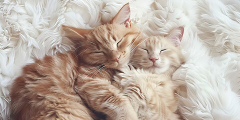 Cute two little ginger kitten cats sleeps on its back on cream soft blanket or bed top view