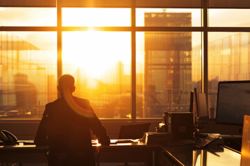 Businessman silhouetted against sunrise in office, facing new day.