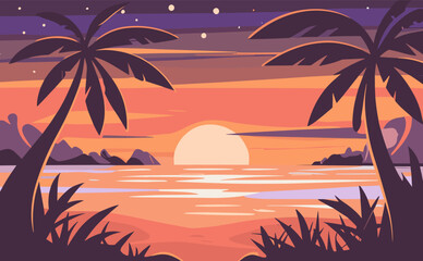 Fototapeta na wymiar Sunset on Tropical Sea beach background, landscape with sand beach, sea water edge and palm trees. Colorful vector art illustration, banner, wallpaper .