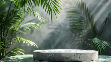 Obraz premium Concrete display podium in a lush tropical foliage setting, perfect for product presentation. 