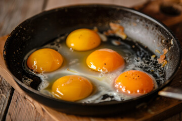Golden yolks sizzle in a pan, a simple pleasure of cooking.