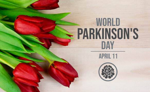 World Parkinson's Day poster with red tulips stock photo images. Red tulip flower on a wooden background photo. Suitable for card, background, banner. April 11 every year. Important day