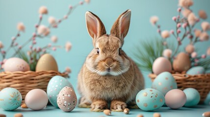 Easter bunny with Easter eggs and willow on pastel simple background