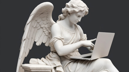 Antique marble statue of an angel with computer