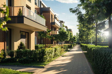 Obraz premium Modern residential area on a sunny day with lush greenery, showcasing contemporary living.