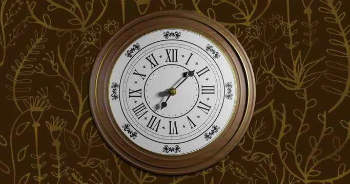Animation of retro clock ticking showing midnight with gold patter on brown background