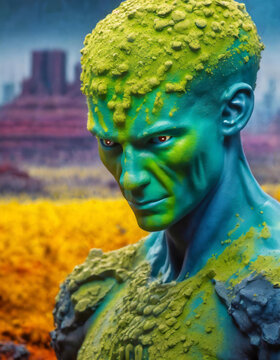 Green alien with yellow fungus growing on his head