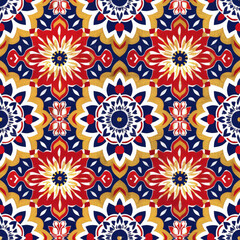 Ethnic ikat seamless pattern geometric abstract designs with traditional motifs.