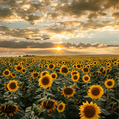 Sunflower field with the warm rays of the sun  Generative AI