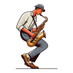 Naklejka premium Musician playing saxophone, music player performing solo, holding sax instrument in hands, man saxophonist, jazz and blues performance. Flat vector illustration isolated on white background