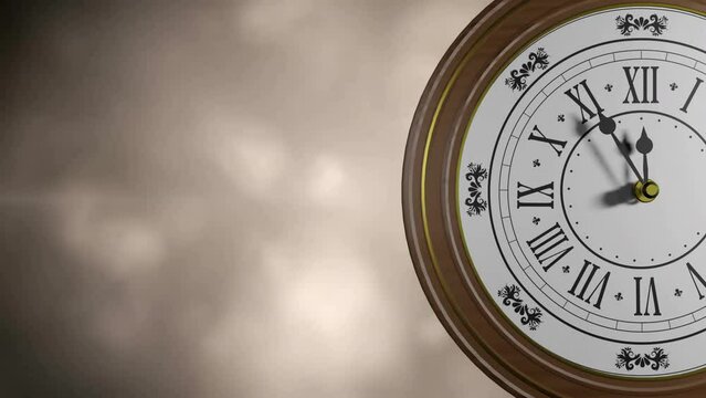 Animation of retro clock ticking showing midnight with spots of light on black background