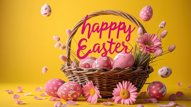 Wicker basket with pink painted eggs, flowers and writen "happy Easter" lettering on yellow background