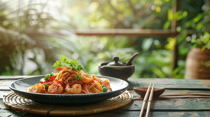 Asian fusion cuisine featuring shrimp pasta served in a tranquil outdoor dining scene - obrazy, fototapety, plakaty