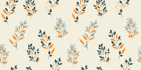 Minimalist seamless pattern with vector hand drawn sketch flat branches with tiny leaves, buds flowers. Vintage retro simple wild floral printing. Collage template for designs, fabric, textile - obrazy, fototapety, plakaty