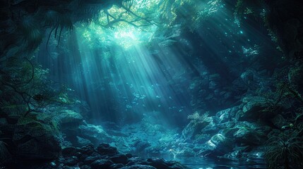 Unidentified submerged cave with beams of light. Generative Ai