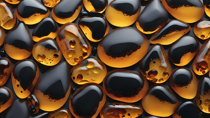 patterned texture of black matte smooth and beach pebbles and bright yellow amber stones. decor and design