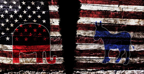 Torn American flag with Democrat and Republican party symbols representing division in US politics
