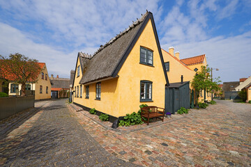 Fototapeta na wymiar House, road in village or countryside landscape, travel and adventure location with cobblestone path and buildings. Neighborhood, real estate and property with architecture for holiday in Denmark
