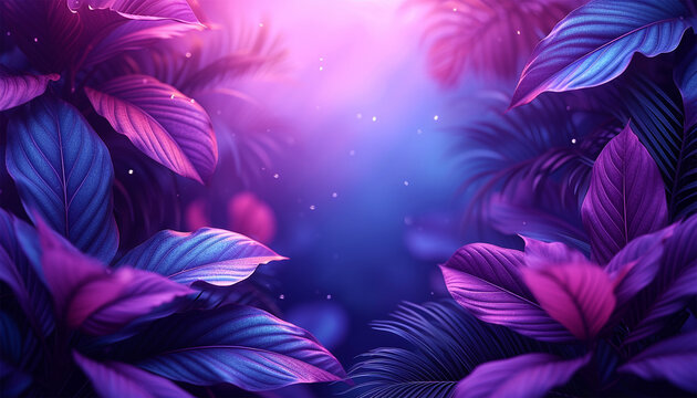 Creative fluorescent color layout made of tropical leaves. Flat lay neon colors. Nature concept. Palm leaves neon colors edge frame with copy space. Purple and pink