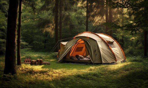 A tent in the middle of the beautiful forest. Camping theme.