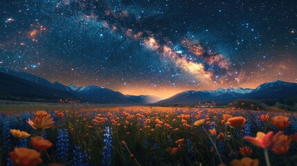 Milky Way galaxy passing over a meadow filled with wildflowers. Generative Ai - obrazy, fototapety, plakaty