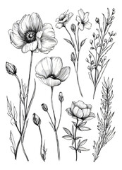 A bunch of hand-drawn flowers in black and white.