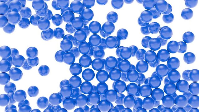 Falling from top blue balls fills space around. Abstract minimal fashion background. Modern 3d animation with alpha matte channel.