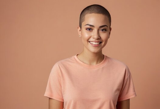 A smiling woman with a shaved head wearing a casual pink t-shirt, peach background. Her confident and friendly expression suggests approachability.