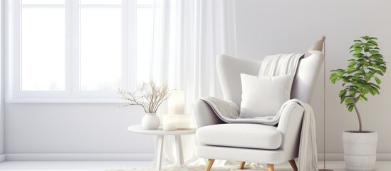 A modern living room themed in a white color palette featuring a sleek white armchair and a green potted plant adding a touch of nature to the Scandinavian interior design.